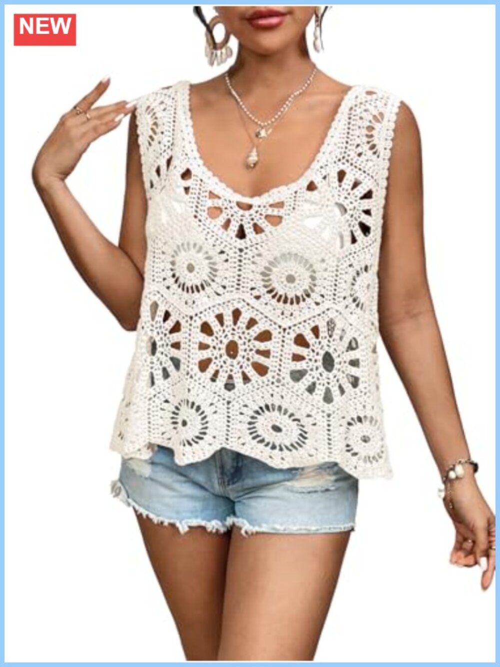 Boho Crochet Knit Tank Top Scoop Neck Scalloped Hem Beachwear